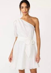 Womens  One-Shoulder Fit & Flare White Tie Waist Spring Dress - Sz M