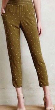 Anthropologie Sz 8 Elevenses Cropped Lightweight Pants Olive Green Gold Diamond