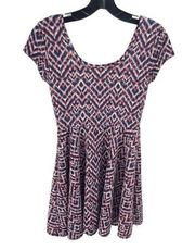 Aeropostale Womens Fit Flare Dress Stretch Geometric Blue Pink Size Small