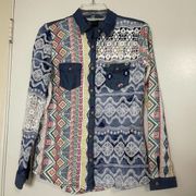 DESIGUAL Geometric multicolor denim button down Shirt size US M EUR L