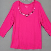 Lane Bryant Women Shirt Size 14 Pink Stretch Preppy Beaded Scoop Chic 3/4 Sleeve