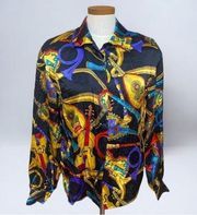 Carlisle Womens Multicolored Guitar Print Long Sleeve Collared Shirt Sz 4