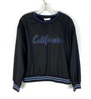 Black Spellout Retro Script California Varsity Stripe Pullover Sweatshirt