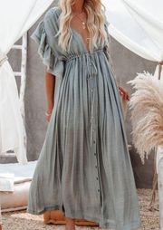 FLAWLESS Deep V-Neck Button Down Maxi Dress Size Medium Grey Blue Boho