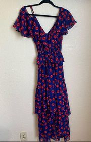 Misa Los Angeles Loulou ruffled midi dress in navy blue and red print size XS