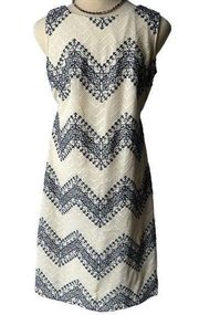 Eliza J Cream And Navy Blue Chevron Pattern Overlay Dress Size Small