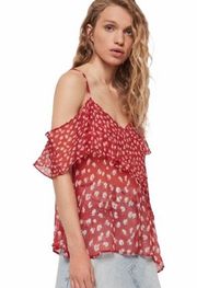 new Allsaints ꕥ Off Shoulder Silk Semi Sheer Print Top ꕥ Red Floral ꕥ Size 6