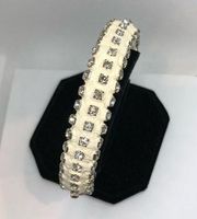 Henri Bendel White Leather and Crystal Silver Magnetic Close Bracelet