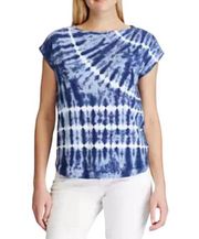 Chaps Women’s Blue White Tie Dye T- Shirt Rounded Hem Front Pocket Large