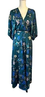 AaKaa Dark Green Floral Wrap Maxi Dress Kimono Sleeves - M