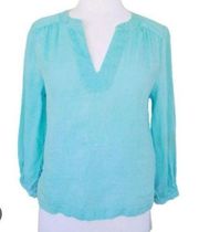 H Halston 100% linen turquoise notch neck blouse large