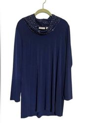 Susan Graver Womens Long Sleeve Silver Sequin Cowl Neck Tunic Top Blue MED