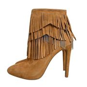 Gianni Bini Womens 6.5 Suede & Metal Chain Fringe Stiletto Ankle Boot in Tan