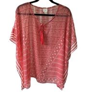 Chico's Sheer Geometric Tassel Summer Cover Up Stripe Batwing Poncho S/M