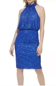 Eliza J Blue Halter Neck Sequin Sleeveless Mini Cocktail Dress Size 6