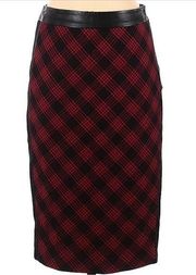 red black plaid pencil midi skirt