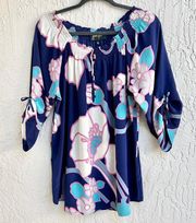 Yumi Kim Off Shoulder 100% Silk Floral Print Top Blouse Blue Women's Size Medium