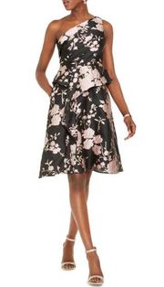 Adrianna Papell Pink Black Floral One Shoulder Cocktail Dress NWT  2 Above Knee