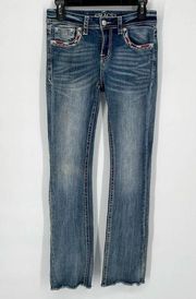 Grace in LA Americana Bootcut Jeans Raw Hem Size 25 Medium Blue Wash Embroidered