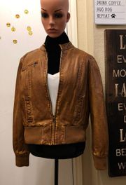 Brown Rustic Faux Leather “ LAL” Bomber Jacket 