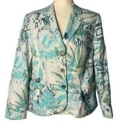 Vintage 90s Marcona Linen Blend Blazer 12 White Floral Jacket Pockets Buttons
