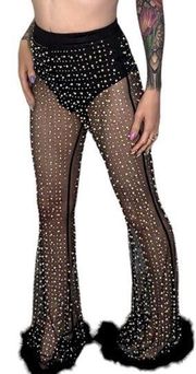 Embellished Mesh Festival Club Pants Rhinestones Pearls Fur Trim Party Rave Sexy