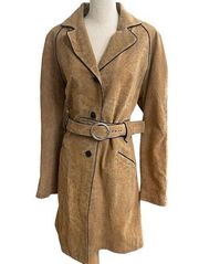 Newport News Y2K Vintage Leather Suede beige tan brownish  Trench Coat belted