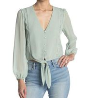 WAYF Lace Trim Tie Front Long Sleeve Blouse - Size Medium