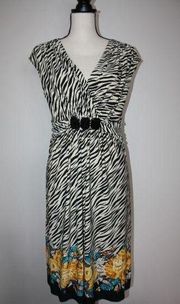 DressBarn Zebra Print Dress Size 12 Sleeveless V-Neck Floral
