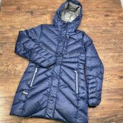 Spyder Puffer Down Jacket Women M Blue Quilted Hooded Coat Ski Snowboard