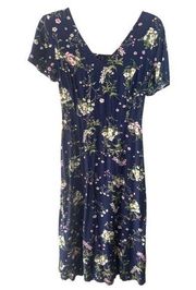 Floral V-Neck Short Sleeve Navy Blue Spring Midi Dress, Size XS