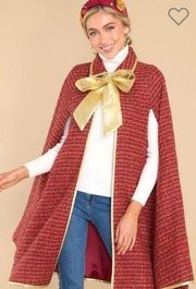 Aura Handle With Care Red Metallic Tweed Cape Gold Trim Bow Open Front OS NWT