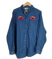 Vintage Crazy Cowgirl Western Horse Button Down Shirt Size XL Chambray Denim