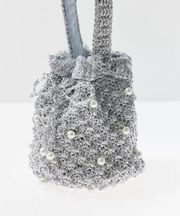 UO Suryo Pearl Embellished Silver Crochet Bucket Bag