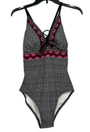 Kona Sol Boho One Piece Swimsuit Black Pink Mixed Pattern Lace Up Size M