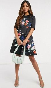 Ted Baker Zalena Sandalwood Floral Mini Skater Dress Black Women’s Size 2 US 6