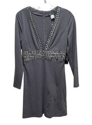 Venus Plunging Embellished Jeweled Dress Long Sleeve Grey Size 4 New