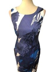 Tahari blue and white watercolor art to wear sheath career dress fully lined