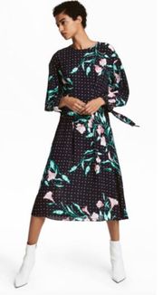 H&M Floral Dot Print Long Sleeve Midi Dress