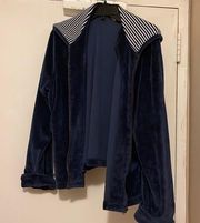 NWOT Sag Harbor Navy Velvet with Nautical Stripe Hoodie Zip Up XL Oversized