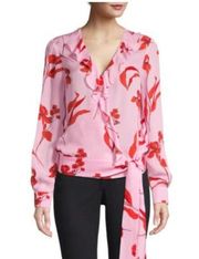 Revolve NWT Parker Pasha Ruffle Blouse Pink Red Floral Wrap Ruffle Silk  Top