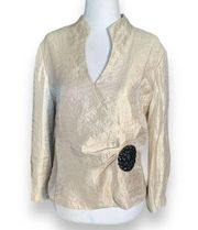 Vintage Dress Barn Collarless Blazer Top Gold Metallic Black Brooch Ruched 10