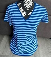 AK SPORT ANNE KLEIN Blue Striped V-Neck T-Shirt Size Large