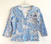 J. McLaughlin Top Blue White Floral Split Neck Henley 3/4 Sleeve Cotton Sz M EUC