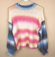 Storia Women’s Multi-Colored Ombré Chunky Knit Balloon Sleeve Crewneck Sweater