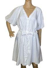 NWT  Short Puff Sleeve Sashed Button Down Dress White Size Large