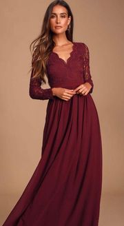 Awaken My Love Burgundy Long Sleeve Lace Maxi Dress