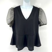 Love X Design black peplum waist puff sleeve glitter polka dot shirt top blouse