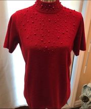 Susan Graver Style Red Beaded short sleeve  S top