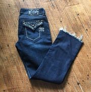 Dark wash jeweled Miss Me straight raw hems jeans